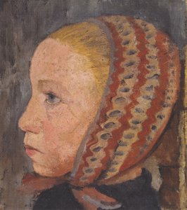 Cabeza de niña con gorro a rayas de perfil hacia la izquierda de Paula Modersohn Becker